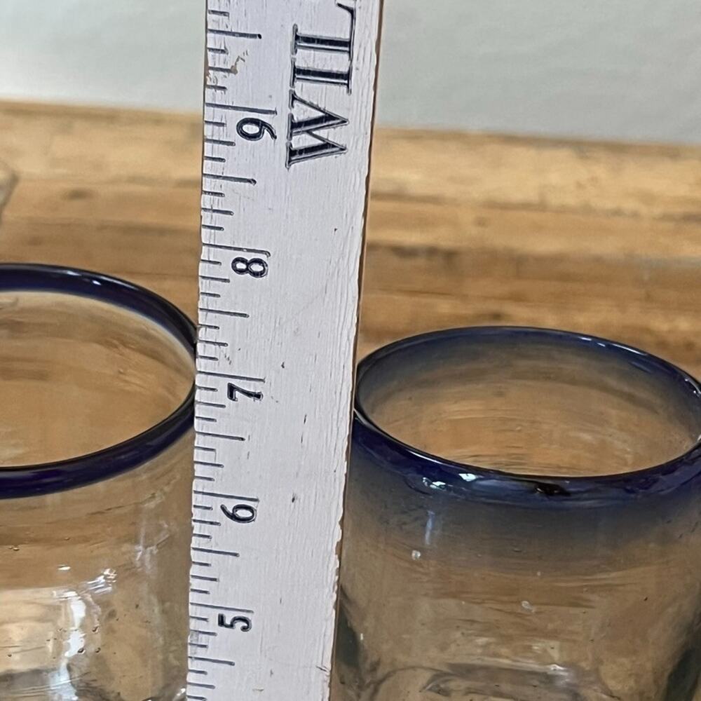 Mexican Hand Blown Goblets Drinking Glasses Cobalt Blue Rim Set of 5 - Picture 5 of 12